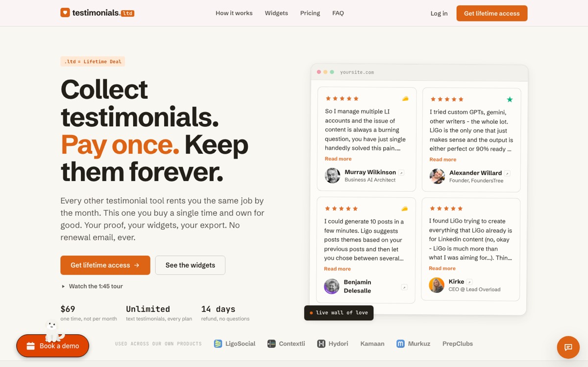 testimonials.ltd product interface